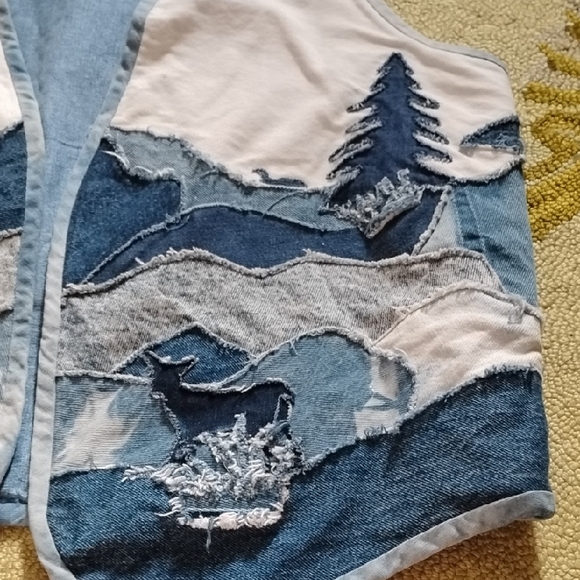 Unisex Triple Denim Vintage Large Nature Wilderness Homemade Patchwork Vest - Picture 4 of 5